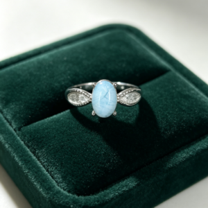 Pale‑Blue Larimar Titanium Steel Ring, Vintage Detailed Adjustable Women’s Statement Ring