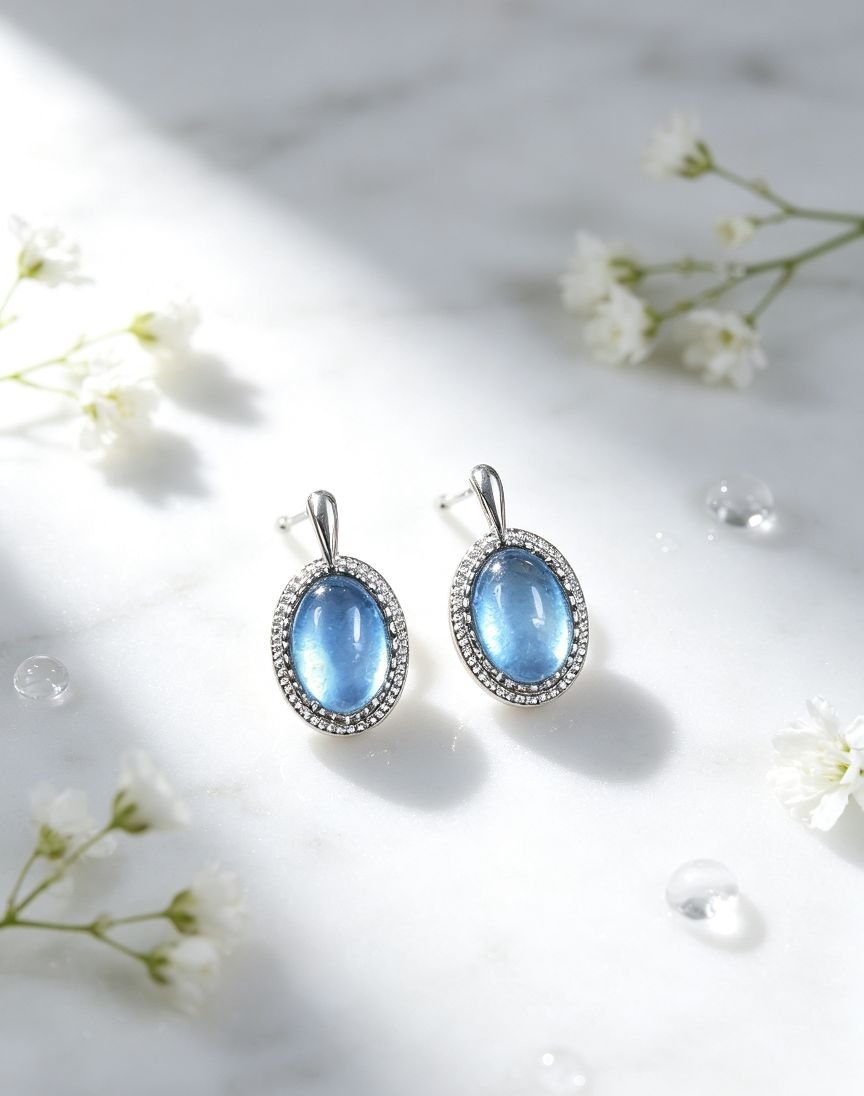 Oval Cabochon Natural Aquamarine Halo Drop Earrings, Silver‑Plated With Sterling Silver Posts For Women - 图片 4
