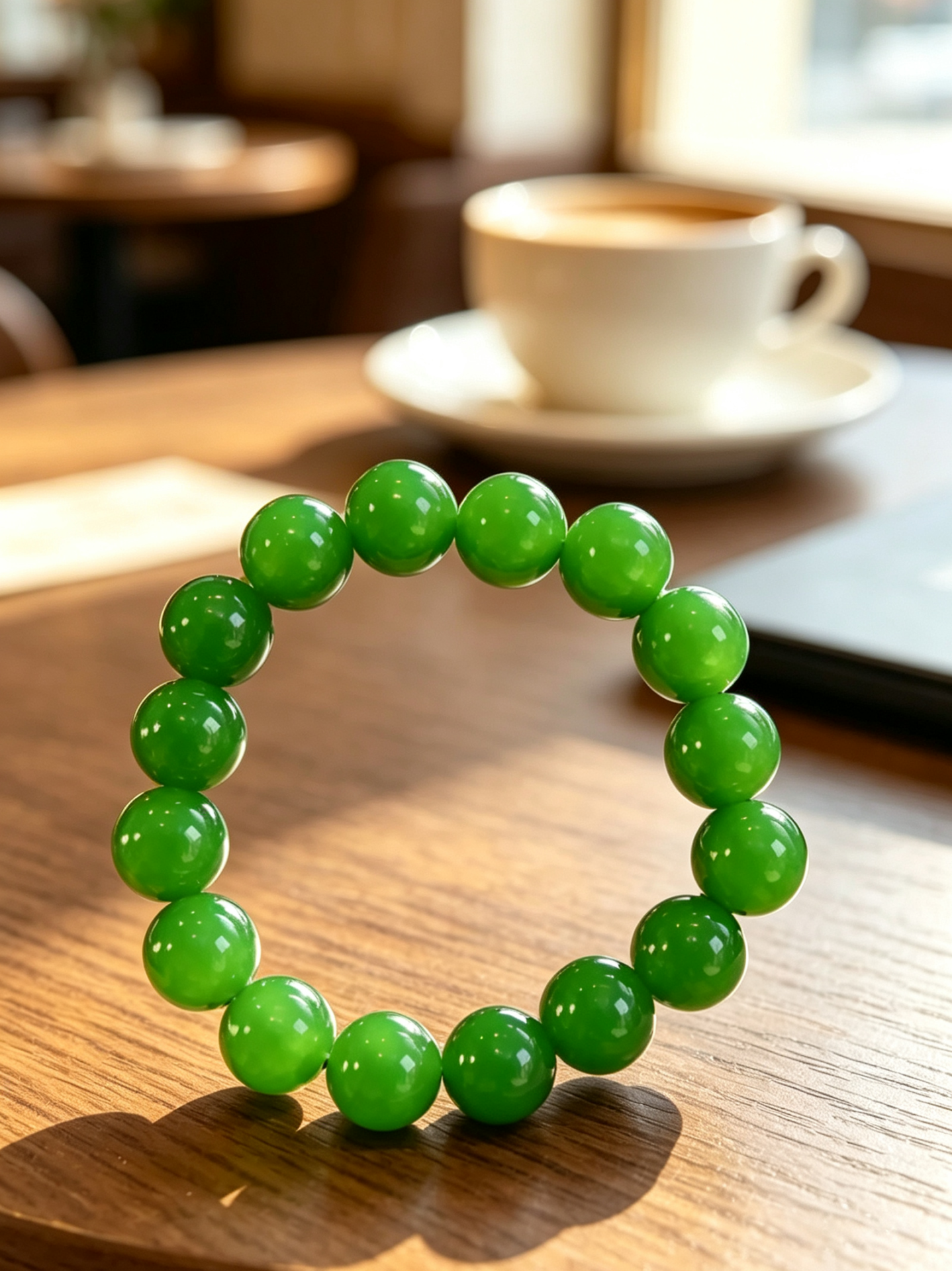 12mm Cabochon Natural Green Jasper Beaded Bracelet, Unisex Healing Gemstone Jewelry - 图片 4