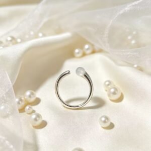 White Moonlight Bead Titanium Steel Open Ring, Minimalist Adjustable Statement Ring for Women