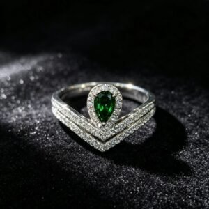 Pear‑Shaped Natural Chrome Diopside Halo Ring, V‑Shaped Paved Band Women Fine Gemstone Ring