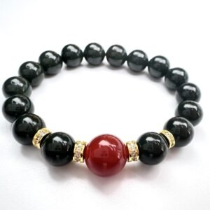 Natural Green Jade Beaded Bracelet One Red Agate