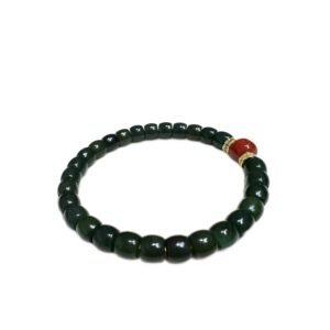 Natural Green Jade Beaded Bracelet One Red Agate
