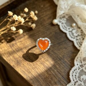 Romantic Heart‑Shaped Red Agate Gemstone Ring, Paved Sparkling Zircon Border, Copper‑Based Silver‑Plated Ladies Ring, Luxurious & Versatile for Daily Wear