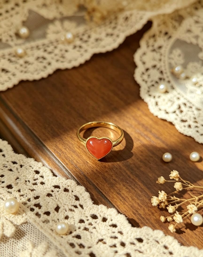 Heart‑Shaped Red Agate Ring, Bezel‑Set Gold‑Tone Copper Plated Dainty Love Heart Statement Ring for Women - 图片 3