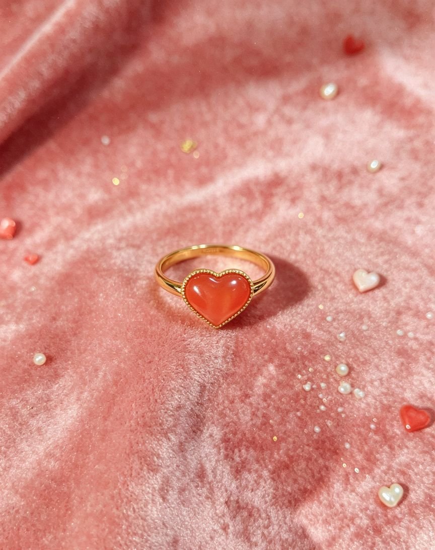 Heart‑Shaped Red Agate Ring, Bezel‑Set Gold‑Tone Copper Plated Dainty Love Heart Statement Ring for Women - 图片 2