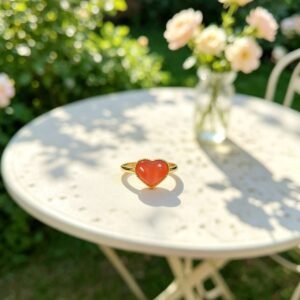 Heart‑Shaped Red Agate Ring, Bezel‑Set Gold‑Tone Copper Plated Dainty Love Heart Statement Ring for Women