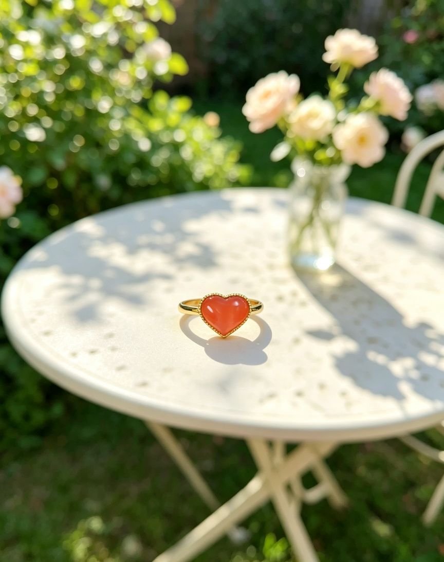 Heart‑Shaped Red Agate Ring, Bezel‑Set Gold‑Tone Copper Plated Dainty Love Heart Statement Ring for Women