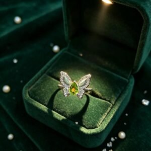 Butterfly‑Shaped Peridot Ring, Titanium Steel Dainty Green Gemstone Statement Ring for Women