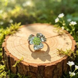 Flower‑Shaped Natural Peridot Cluster Ring, Open Adjustable Band Women Gemstone Fashion Ring