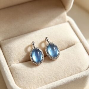 Oval Cabochon Natural Aquamarine Halo Drop Earrings, Silver‑Plated With Sterling Silver Posts For Women