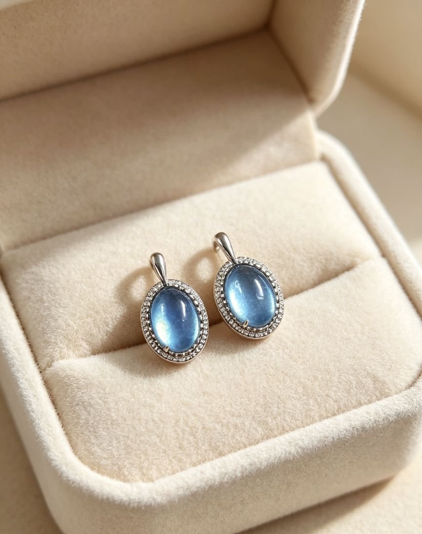 Oval Cabochon Natural Aquamarine Halo Drop Earrings, Silver‑Plated With Sterling Silver Posts For Women
