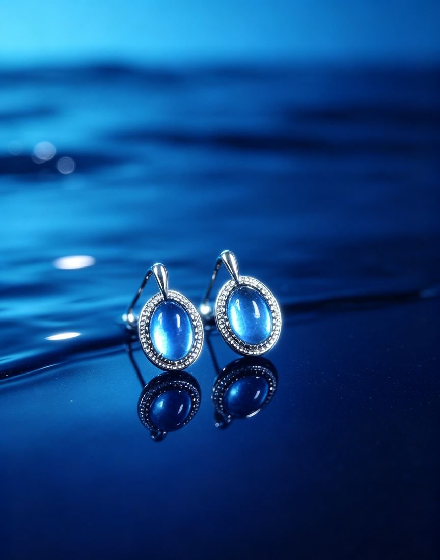 Oval Cabochon Natural Aquamarine Halo Drop Earrings, Silver‑Plated With Sterling Silver Posts For Women - 图片 3
