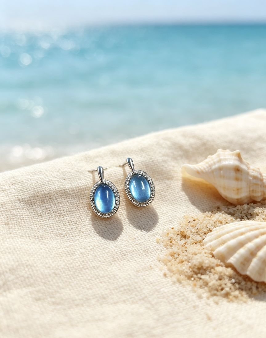 Oval Cabochon Natural Aquamarine Halo Drop Earrings, Silver‑Plated With Sterling Silver Posts For Women - 图片 2