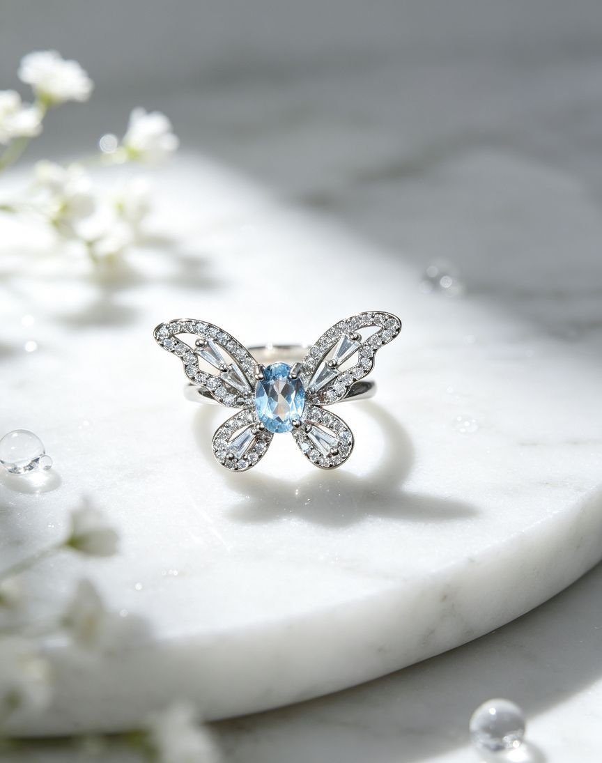 Butterfly‑Shaped Natural Blue Topaz Halo Ring, Copper Base Metal Paved Accent Stones Women Statement Gemstone Ring - 图片 3