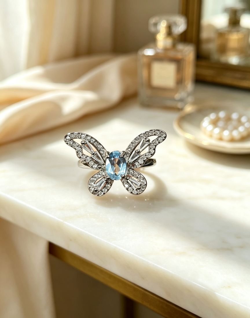 Butterfly‑Shaped Natural Blue Topaz Halo Ring, Copper Base Metal Paved Accent Stones Women Statement Gemstone Ring