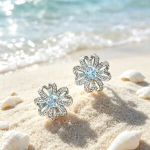 Heart Petal Flower Blue Topaz Stud Earrings, Hollow Floral Design with Pave Cubic Zirconia, Fine Gemstone Jewelry for Women