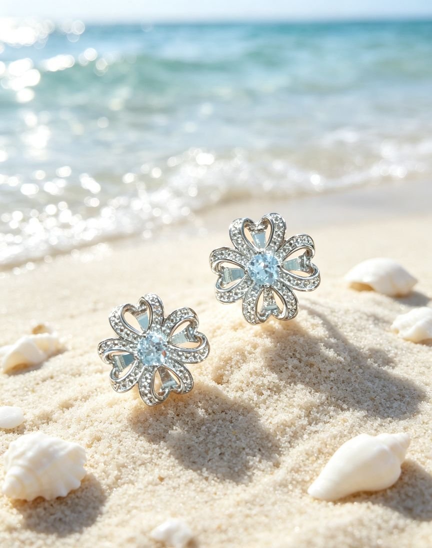 Heart Petal Flower Blue Topaz Stud Earrings, Hollow Floral Design with Pave Cubic Zirconia, Fine Gemstone Jewelry for Women