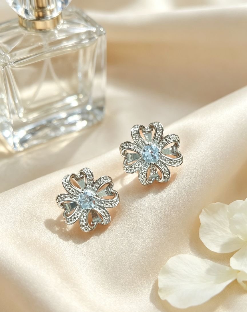 Heart Petal Flower Blue Topaz Stud Earrings, Hollow Floral Design with Pave Cubic Zirconia, Fine Gemstone Jewelry for Women - 图片 2