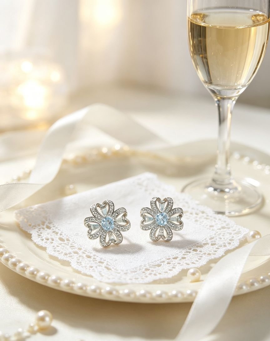 Heart Petal Flower Blue Topaz Stud Earrings, Hollow Floral Design with Pave Cubic Zirconia, Fine Gemstone Jewelry for Women - 图片 4