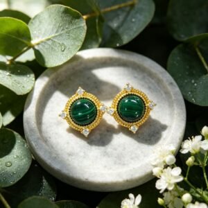 Vintage Cabochon Malachite Stud Earrings, Gold Tone Setting with Cubic Zirconia Accents, Women Gemstone Jewelry