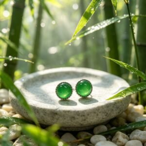Women’s Round Cabochon Green Chalcedony Stud Earrings, Silver Post Design, Halo Paved Cubic Zirconia, Elegant Natural Gemstone Jewelry