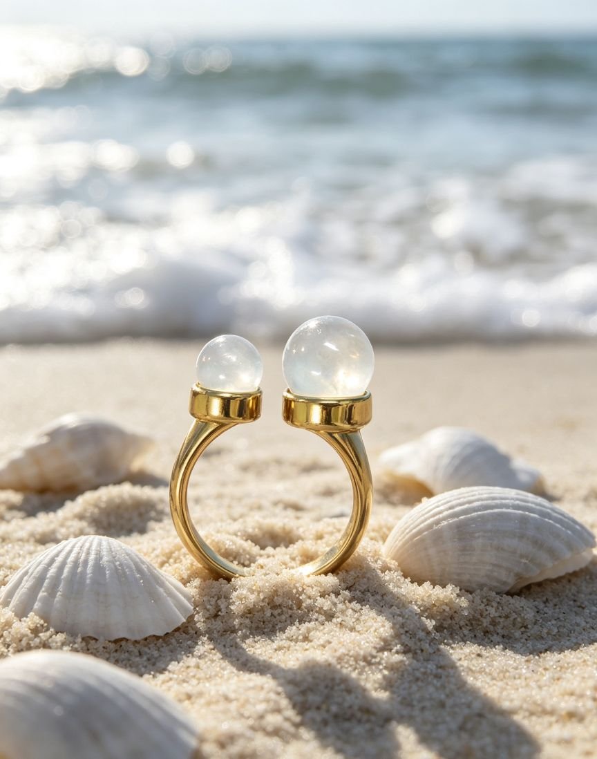 Women Minimalist Dual White Moonlight Bead Open Adjustable Ring, Polished Gold Tone Titanium Steel Band, Elegant Daily Gem Jewelry - 图片 2
