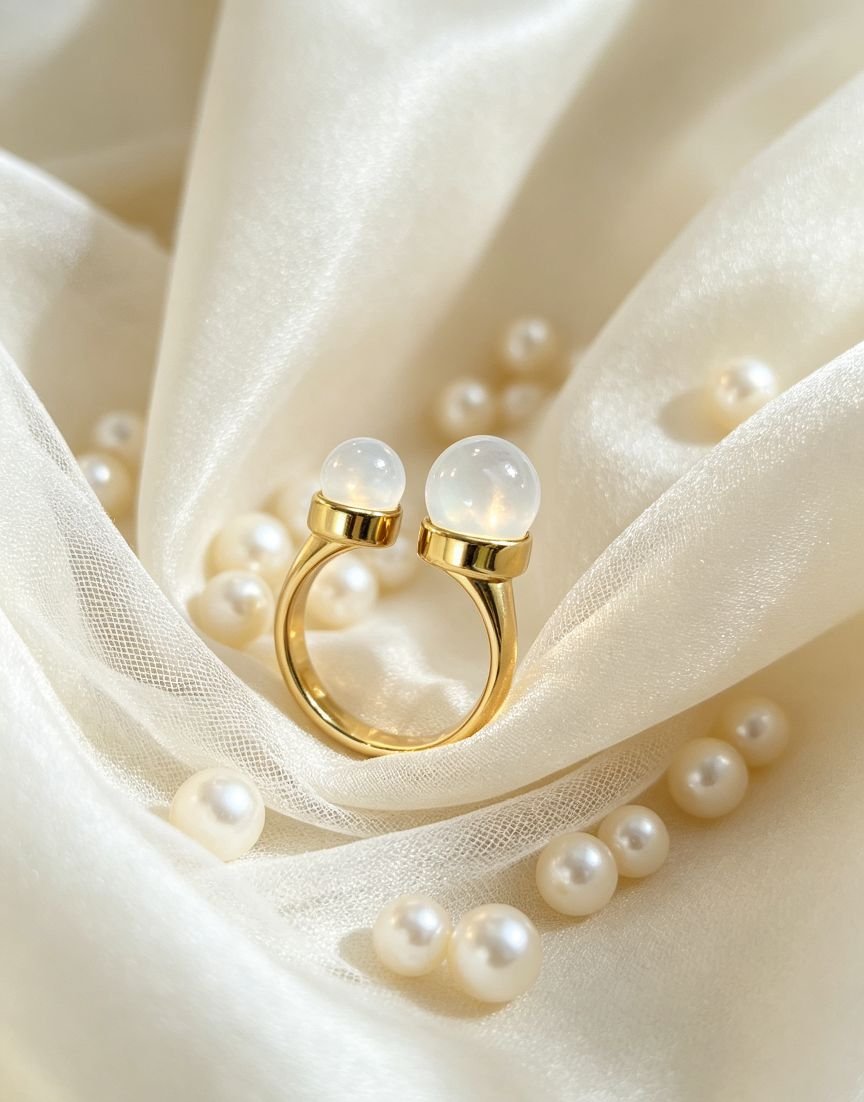 Women Minimalist Dual White Moonlight Bead Open Adjustable Ring, Polished Gold Tone Titanium Steel Band, Elegant Daily Gem Jewelry