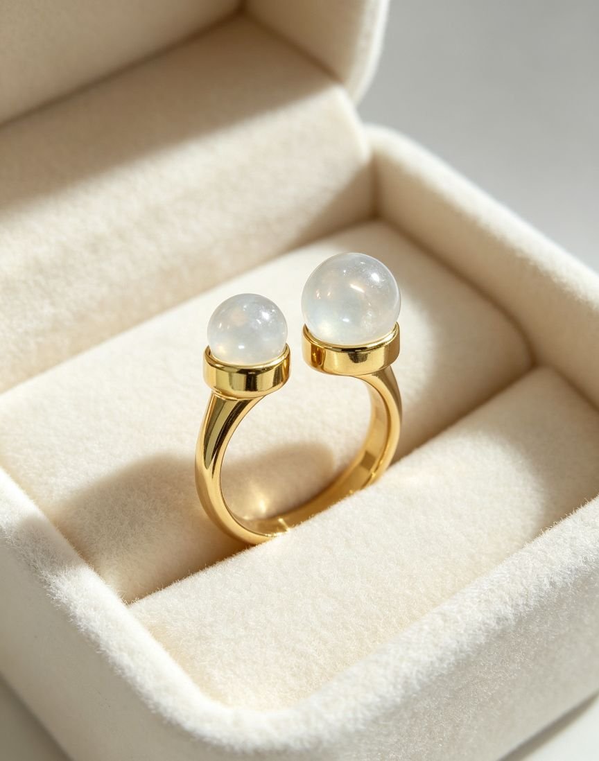 Women Minimalist Dual White Moonlight Bead Open Adjustable Ring, Polished Gold Tone Titanium Steel Band, Elegant Daily Gem Jewelry - 图片 4