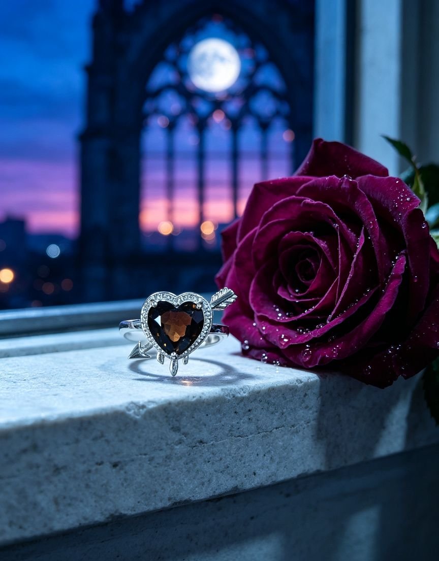 **Heart Shape Smoky Quartz Copper Ring, Cupid Arrow Design, Vintage Gothic Gem Statement Ring for Women** - 图片 4