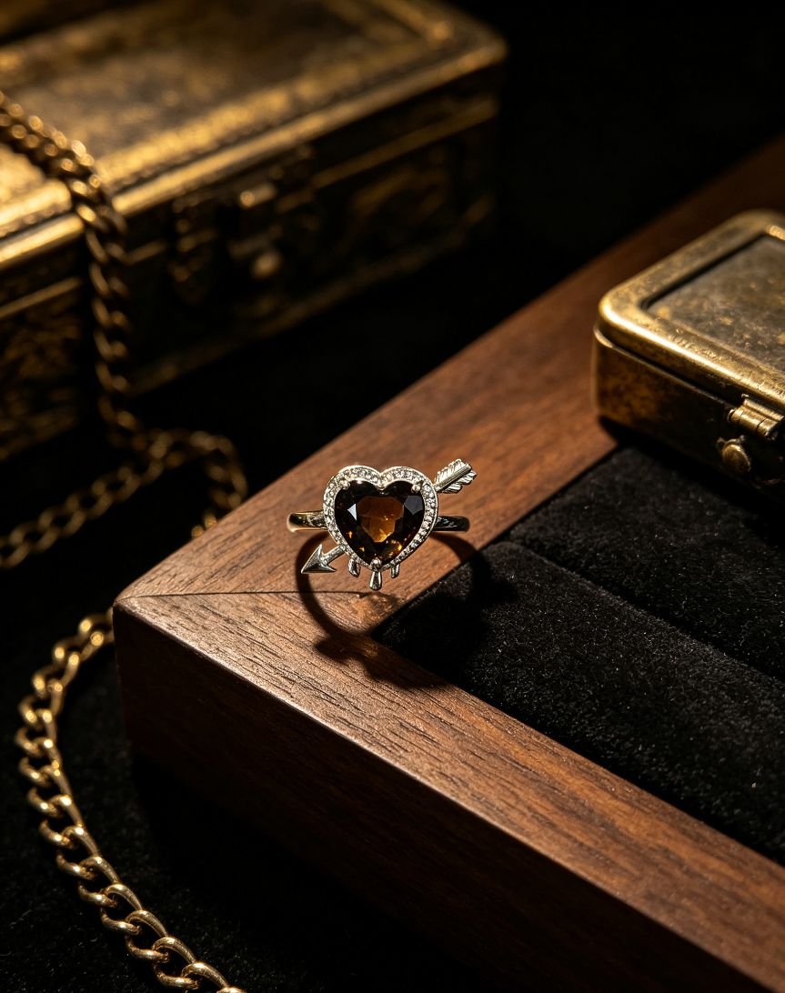 **Heart Shape Smoky Quartz Copper Ring, Cupid Arrow Design, Vintage Gothic Gem Statement Ring for Women** - 图片 3
