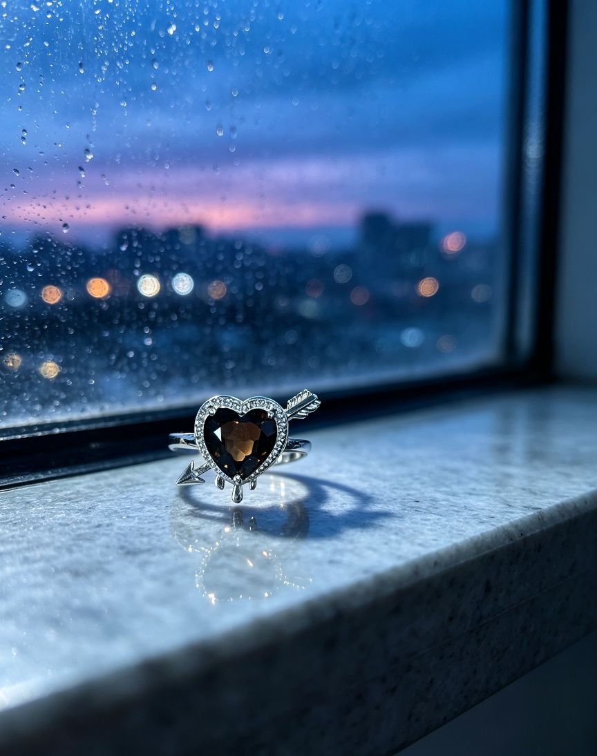 **Heart Shape Smoky Quartz Copper Ring, Cupid Arrow Design, Vintage Gothic Gem Statement Ring for Women** - 图片 2