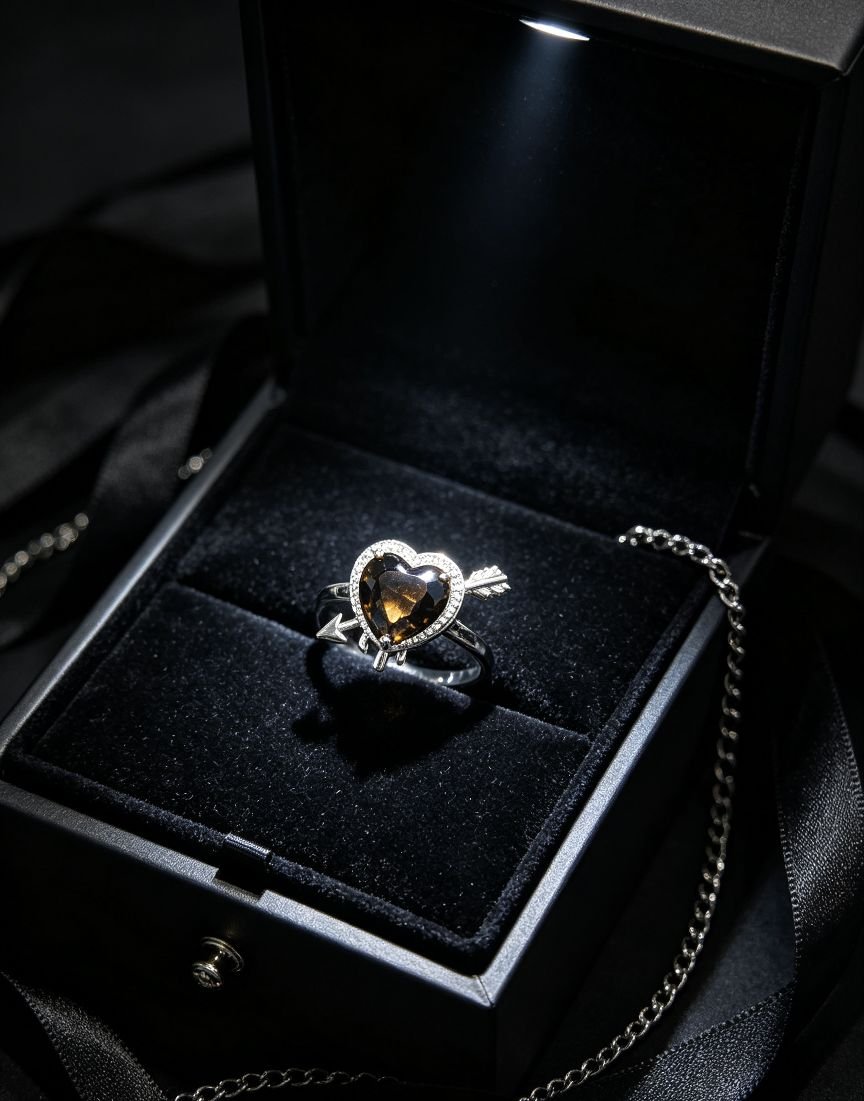 **Heart Shape Smoky Quartz Copper Ring, Cupid Arrow Design, Vintage Gothic Gem Statement Ring for Women**