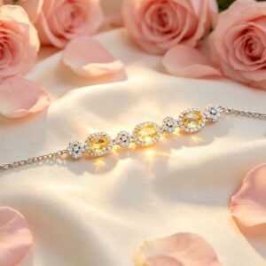 Oval Natural Citrine Copper Bracelet, Halo Pave CZ Floral Linked Chain Bracelet for Women
