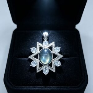 Hexagram Labradorite Pendant, Six-Pointed Star Natural Labradorite Necklace Charm with CZ Setting, Mystical Spiritual Crystal Jewelry for Women