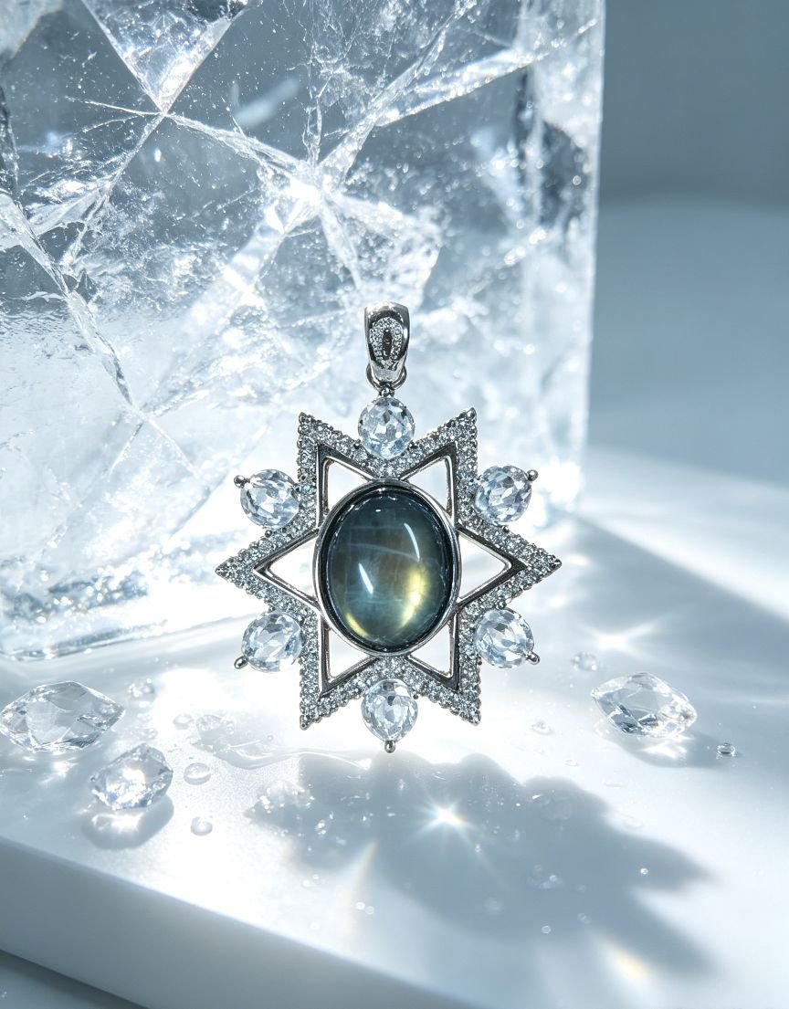 Hexagram Labradorite Pendant, Six-Pointed Star Natural Labradorite Necklace Charm with CZ Setting, Mystical Spiritual Crystal Jewelry for Women - 图片 2