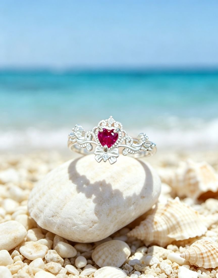 Titanium Steel Princess Crown Ring, Heart Cut Ruby Crystal Adjustable Ring, Vintage Bowknot Statement Ring for Women Wedding Party Jewelry Gift - 图片 2