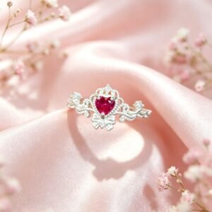 Titanium Steel Princess Crown Ring, Heart Cut Ruby Crystal Adjustable Ring, Vintage Bowknot Statement Ring for Women Wedding Party Jewelry Gift