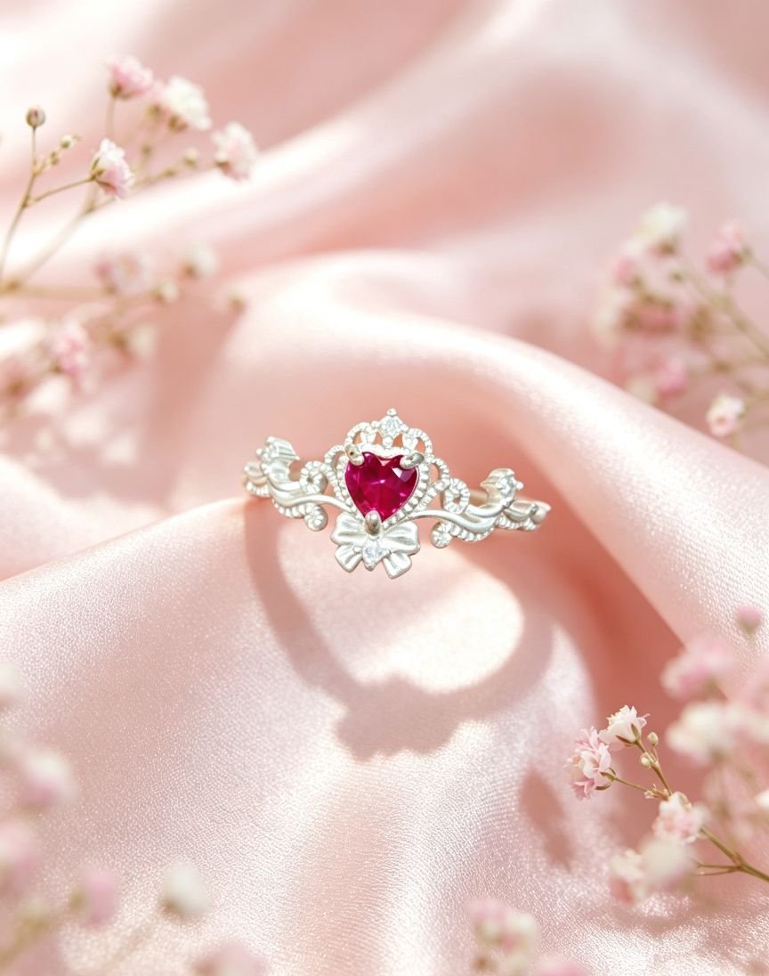 Titanium Steel Princess Crown Ring, Heart Cut Ruby Crystal Adjustable Ring, Vintage Bowknot Statement Ring for Women Wedding Party Jewelry Gift