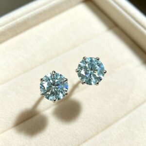 Large Round Brilliant Cut Moissanite Stud Earrings, 6-Prong Solitaire Earrings with Stunning Blue-Green Fire, Statement Big Gem Ear Jewelry for Women
