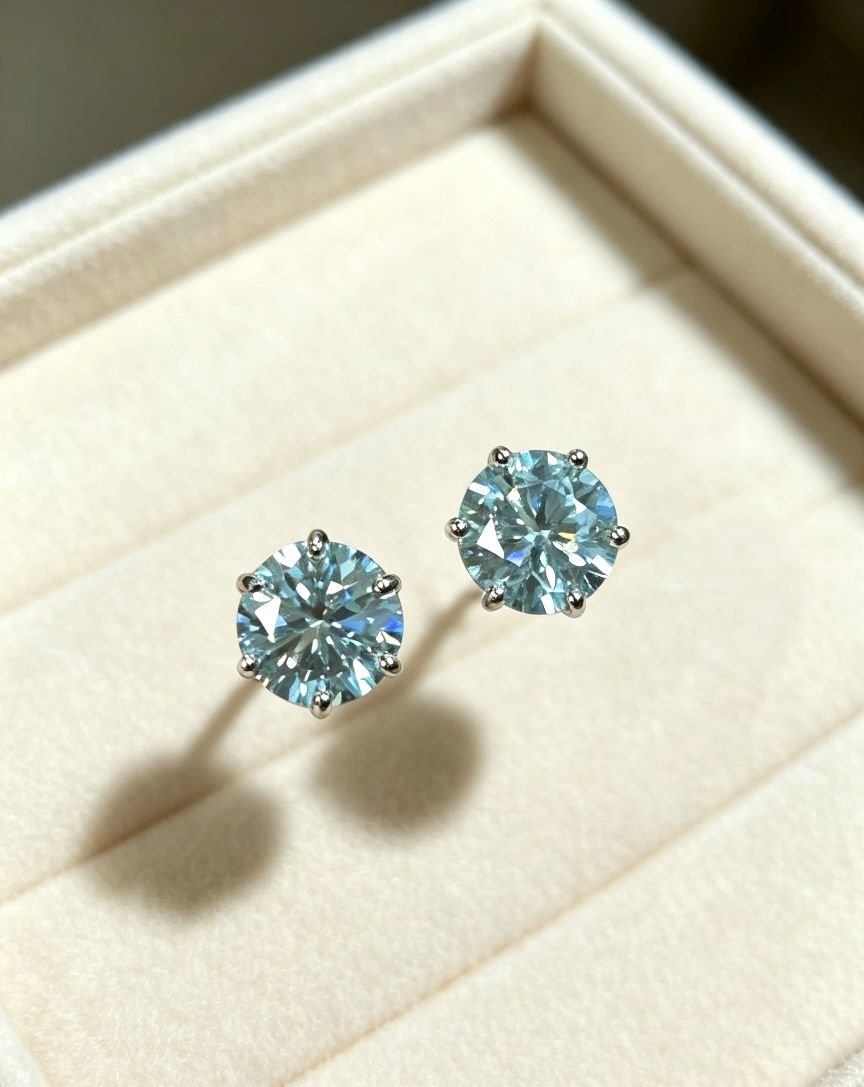 Large Round Brilliant Cut Moissanite Stud Earrings, 6-Prong Solitaire Earrings with Stunning Blue-Green Fire, Statement Big Gem Ear Jewelry for Women