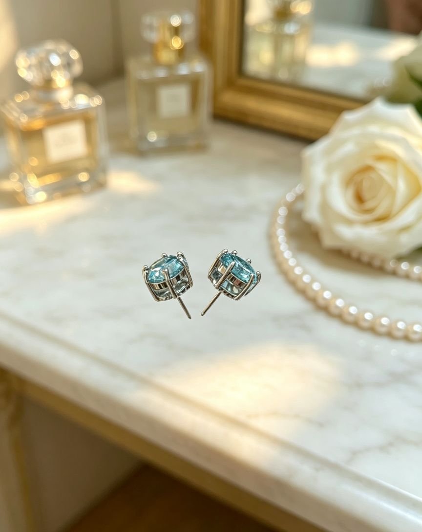 Large Round Brilliant Cut Moissanite Stud Earrings, 6-Prong Solitaire Earrings with Stunning Blue-Green Fire, Statement Big Gem Ear Jewelry for Women - 图片 3