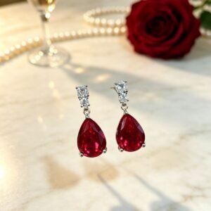 Pear Cut Ruby Drop Dangle Earrings for Women, Teardrop Ruby Dangling Earrings, Sterling Silver Post Statement Wedding Jewelry