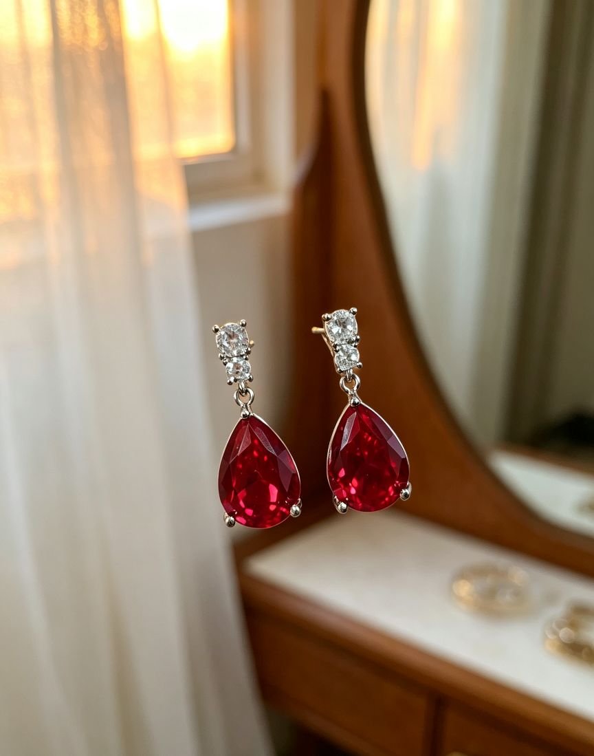 Pear Cut Ruby Drop Dangle Earrings for Women, Teardrop Ruby Dangling Earrings, Sterling Silver Post Statement Wedding Jewelry - 图片 4