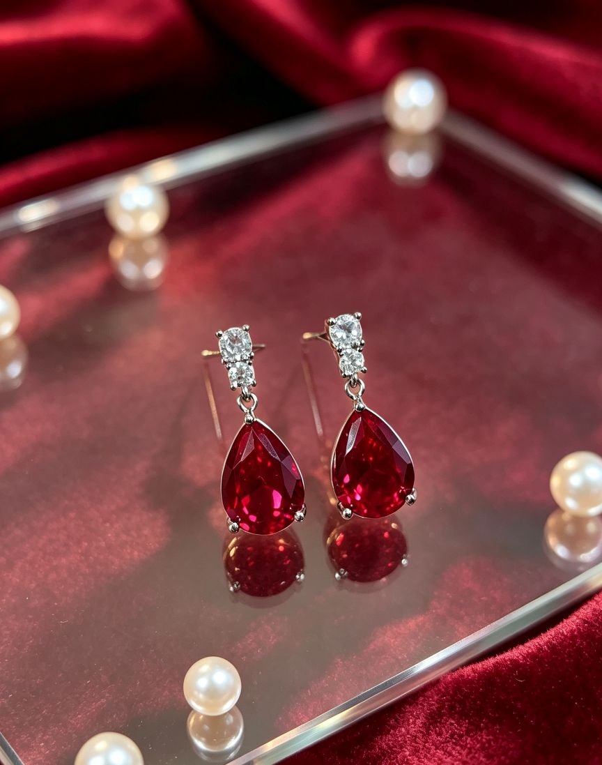 Pear Cut Ruby Drop Dangle Earrings for Women, Teardrop Ruby Dangling Earrings, Sterling Silver Post Statement Wedding Jewelry - 图片 2