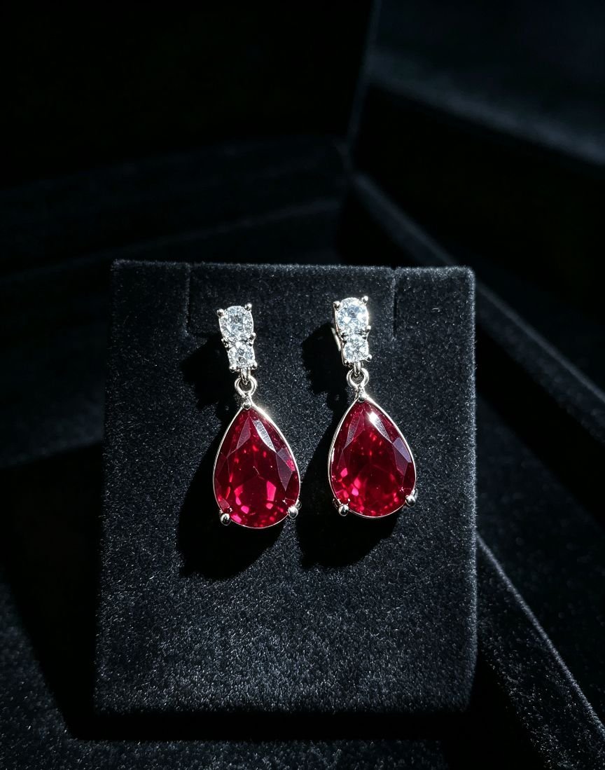 Pear Cut Ruby Drop Dangle Earrings for Women, Teardrop Ruby Dangling Earrings, Sterling Silver Post Statement Wedding Jewelry - 图片 3