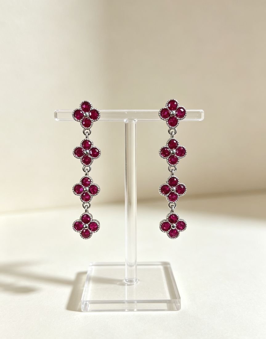 Four Leaf Clover Ruby Long Drop Earrings, Silver Tone Red Gemstone Tassel Dangle Earrings for Wedding Party - 图片 4
