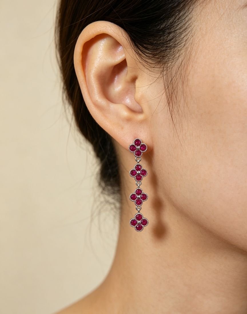 Four Leaf Clover Ruby Long Drop Earrings, Silver Tone Red Gemstone Tassel Dangle Earrings for Wedding Party - 图片 3