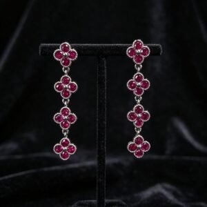 Four Leaf Clover Ruby Long Drop Earrings, Silver Tone Red Gemstone Tassel Dangle Earrings for Wedding Party