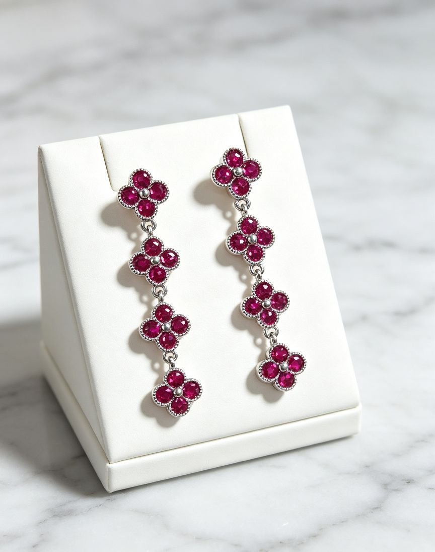 Four Leaf Clover Ruby Long Drop Earrings, Silver Tone Red Gemstone Tassel Dangle Earrings for Wedding Party - 图片 2